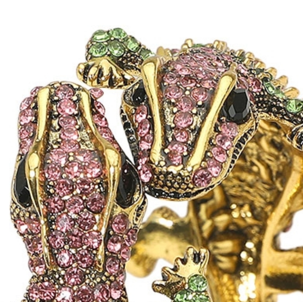 Pink & Green Rhinestone Alligator Crocodile Double Head Cuff Bracelet Statement - Picture 3 of 4